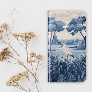 Elegante Herói Azul, Carteira Inspirada na Natureza, Porta-cartões Flip, Capa para Celular Iphone 16 Pro Max Galaxy S25 S24 Plus Ultra, Arte de Garça, Presente para Amantes de Pássaros