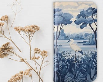 Elegant Blue Hero, Nature-Inspired Wallet Flip Card holder Phone Case Iphone 16 Pro Max Galaxy S25 S24 Plus Ultra, Heron Art,Bird Lover Gift
