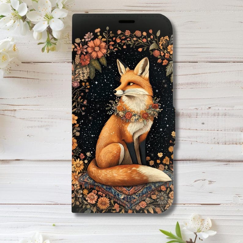 Enchanted Fox Under Moonlight Floral Wallet Flip Card Holder Case