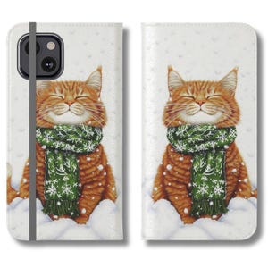 Funda para teléfono con tarjetero y billetera con diseño de gato jengibre de invierno acogedor para iPhone 16, 15, 14, 13 Plus, Pro Max, Samsung Galaxy S24, S23, S22 Plus Ultra.
