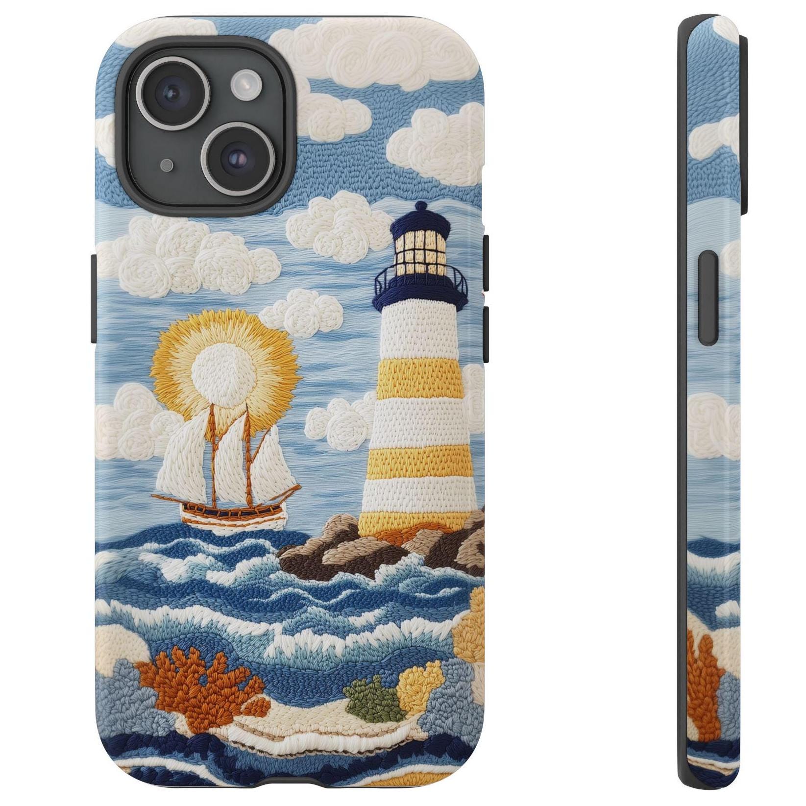 Nautical Lighthouse and Sailboat Coastal Embroidered Phone Case iPhone 16 15 14 13 12 11 XR Pro Max, Galaxy S24 S23 S21 Plus Ultra, Beachy