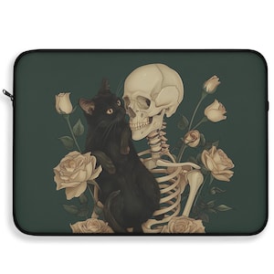 May include: A black cat with green eyes sits on the lap of a white skeleton. The skeleton is surrounded by white roses with green stems and leaves. The background is a dark green.