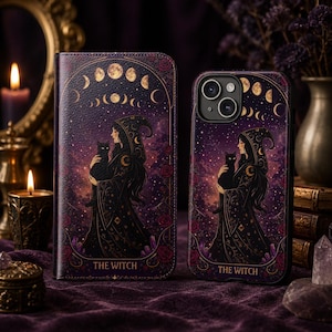 Heks tarot telefoon portemonnee hoesje, hemelse maanfase ontwerp, mystieke heks iPhone-hoesje, gotische esthetische hoes, astrologie spirituele kunst