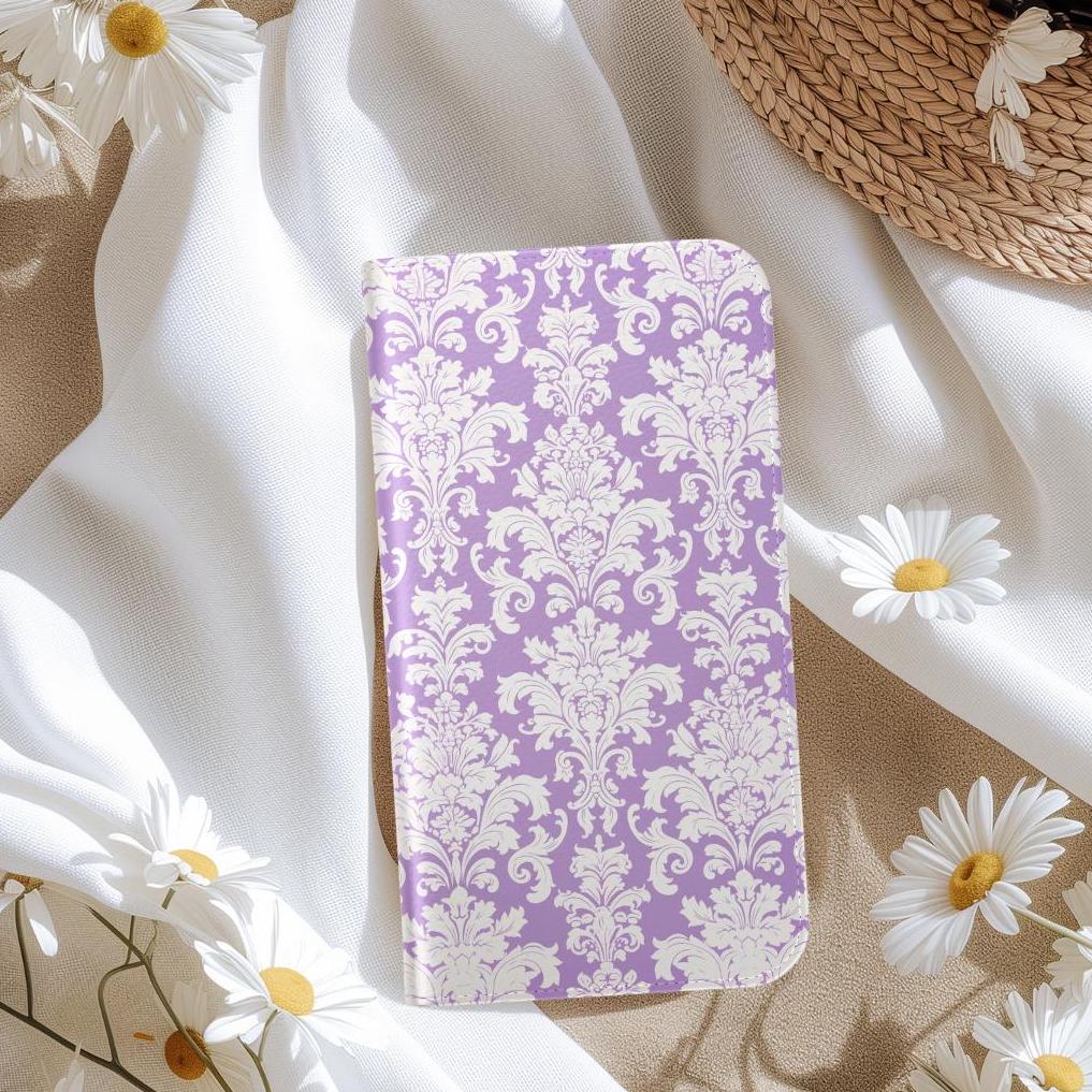 Elegant Purple Damask Wallet Card Holder Phone Case for iPhone 16 15 ...