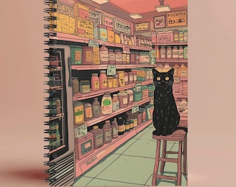 Schwarze Katze Notizbuch, süßes Katzen Journal, ästhetisches Katzen Liebhaber Geschenk, Notizbuch im japanischen Stil, Briefpapier für Bücherwürmer, japanische Ästhetik
