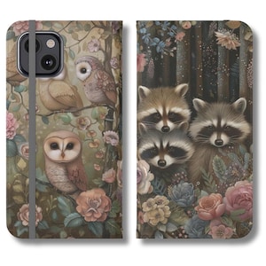 Forêt enchantée Ratons laveurs et hiboux Portefeuille Porte-cartes Étui pour téléphone Iphone 15 14 13 12 Pro Max Samsung Galaxy S24 S23 S22 S21 Plus Ultra