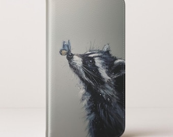 Waschbär Brieftasche Handyhülle, Wildtier Kunst Flip Cover, Niedlicher Aquarell Waschbär mit Schmetterling Illustration, Natur Inspirierte Handytasche