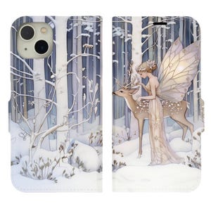 Custodia per telefono con portafoglio e porta carte di credito, motivo: fata invernale e cervo, fantasia boschiva, per iPhone 13 12 Mini Pro Max, Samsung Galaxy S22 S21 Plus Ultra