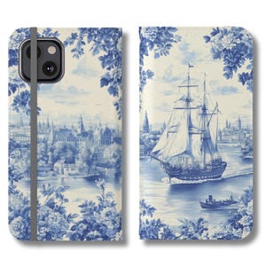 Funda para teléfono con tarjetero y billetera con diseño de velero azul y paisaje escénico para iPhone 16, 15, 14 y 13 SE Pro Max, Samsung Galaxy S22 y S21 Plus Ultra