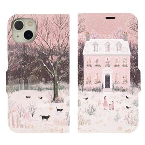 Uroczy różowy zimowy domek śnieżny krajobraz portfel etui na karty etui na iPhone'a 16 15 14 Mini Pro Max Samsung Galaxy S24 S23 S22 21 Plus Ultra