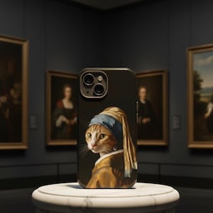 Meisje met de parel kat portret Vermeer geïnspireerd artistiek telefoonhoesje voor iPhone 16 15 Pro Max Plus Samsung S24 S23 S22 S21 Ultra Plus