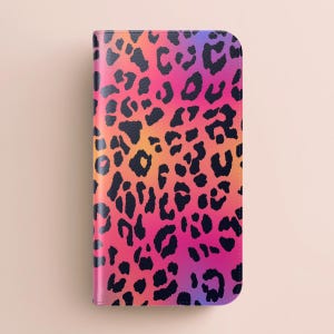 Capa tipo carteira com estampa de leopardo vibrante e design colorido e ousado, porta-cartões, capa para iPhone 13, 12 Mini Pro Max, Samsung Galaxy S22, S21 Plus Ultra