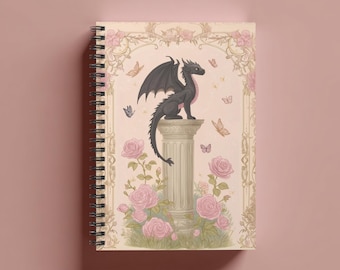 Aesthetic Dragon Notebook, Gothic Fantasy Pastel Journal, Pink Roses and Black Dragon Stationery Gift, Book Lover Gift, Book Club Gift