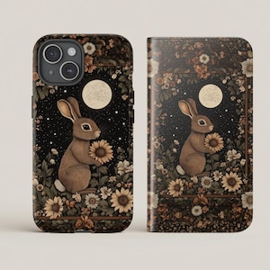 Bunny Moon Garden-telefoonhoesje voor iPhone 16 15 14 Pro Max Galaxy S25 S24 21, bloemenhoes konijn, portemonneehoesje, kaarthouder, geschenken huisdierenliefhebbers