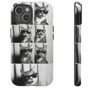 May include: A black and white phone case featuring a collage of six images of cats wearing sunglasses. The cats have various expressions, and the case has a black border and a camera cutout.
