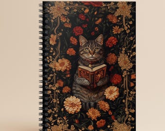 Whimsical Cat Reading Notebook, Vintage Floral Spiral Journal, Aesthetic Cat Lover Gift, Writing Journal, Cute stationary, Cat lovers gift
