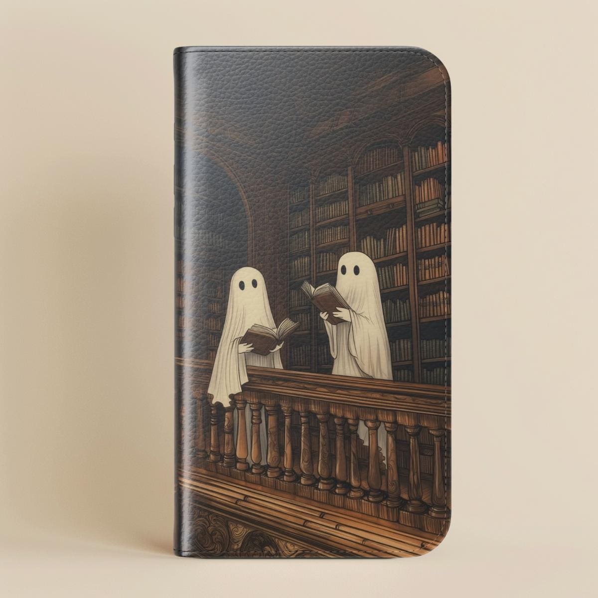 Ghosts in Library Wallet Phone Case, Vegan Leather Card Holder Galaxy S25 S24 Plus Ultra, iPhone 16 15 Pro Max, Book Lover, bookworm gift