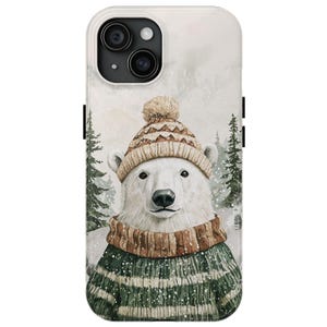 Étui de téléphone hiver ours polaire pour iPhone 16 15 14 13 12 XS Pro Max Plus Galaxy S24 S23 22 Ultra Plus confortable hiver, forêt de Noël du pôle Nord