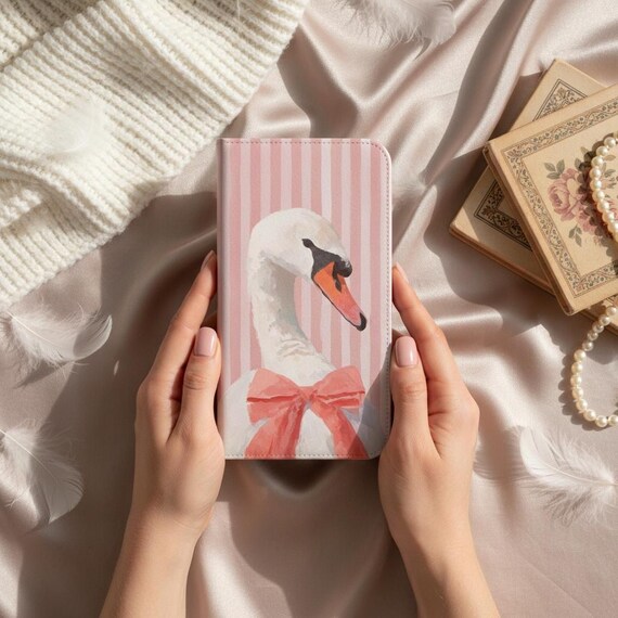 Coquette Swan Wallet Phone Case Pink Stripes with Bow, Elegant Swan Art Phone Cover for iPhone and Galaxy Coquette Swan Wallet Phone Case Pink Stripes with Bow, Elegant Swan Art Phone Cover for iPhone and Galaxy