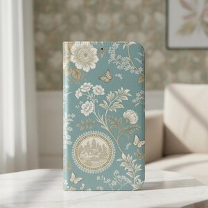 Light Blue Floral Wallet Phone Case Cottagecore Vintage Butterfly Leather Folio Cover