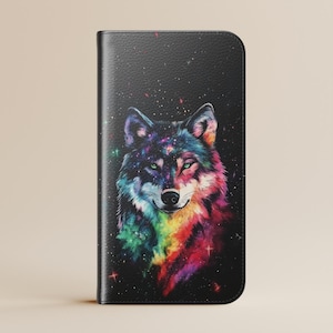 Étui pour téléphone portefeuille Galaxy Wolf arc-en-ciel, porte-cartes, Galaxy Plus Ultra, iPhone 16, 15Pro Max, art de loup cosmique vibrant, design animal mystique