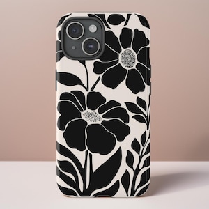 Gedurfd zwart abstract telefoonhoesje, minimalistische monochrome bloemcover voor iPhone 16 15 14 Pro Max Galaxy S25 S24 21, portemonneehoesje, kaarthouder