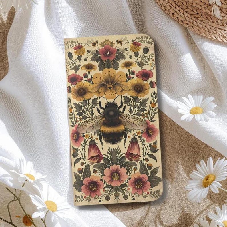 Vintage Bee and Floral Retro Botanical Design Wallet Flip Card holder Phone Case iPhone 13 12 Mini Pro Max Samsung Galaxy S22 S21 Plus Ultra image 6