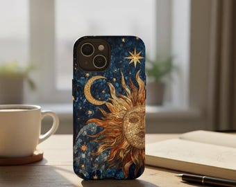Funda para teléfono con mosaico celestial de sol y luna, funda para iPhone y Samsung con sol dorado, funda con arte cósmico de noche estrellada, regalo astrológico para ella.