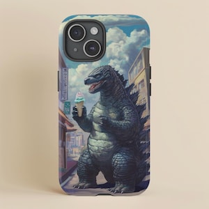 Custodia per telefono divertente con gelato Kaiju per iPhone 16 15 Pro Max, Galaxy S25 S24 Plus Ultra Pixel, stile anime retrò, mostro Godzilla in Giappone anni '80