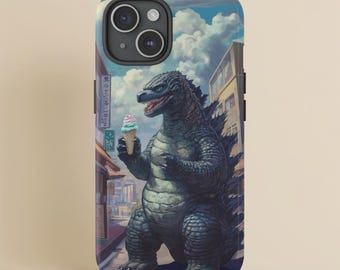 Funny Kaiju Ice Cream Phone Case for iPhone 16 15 Pro Max, Galaxy S25 S24 Plus Ultra Pixel, Retro Anime Style Godzilla Monster in Japan 80's