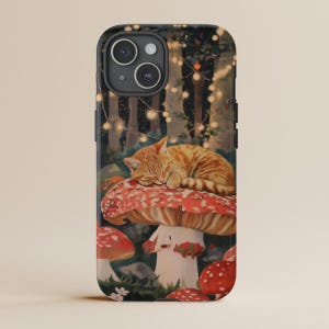 Whimsical Cat on Mushroom Phone Case for iPhone 16 15 Pro Max Galaxy S25 S24 Plus Ultra, Fairy Tale Forest Painting, Cozy Woodland Aesthetic