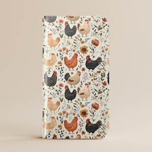 Bauernhaus Huhn, rustikale Land Henne & Blumen Brieftasche Flip Kartenhalter Handytasche Iphone 16 15 Pro Max Samsung Galaxy S25 S24 Plus Ultra