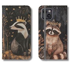 Capa tipo carteira com aba Regal Badger e Raccoon para iPhone 15, 14, 13, 12 Mini Pro Max, Samsung Galaxy S22, S21 Plus, Note 20, presente para Cottagecore
