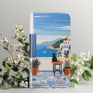 Capa de telefone com porta-cartão tipo carteira de gato preto para iPhone 16 15 Pro Max, Galaxy S25 S24 Plus Ultra, Pixel Santorini Cat, Costa do Mediterrâneo