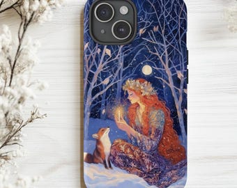 inter Fantasy Phone Case, Red Haired Woman with Fox iPhone Cover, Snowy Forest Illustration, Mystical Cottacore Nature Aesthetic Case