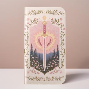 Custodia per telefono con portafoglio Mystical Sword in Heart, arte fantasy della foresta ispirata ai tarocchi, porta carte estetico rosa, Galaxy Plus Ultra iPhone Pro Max,