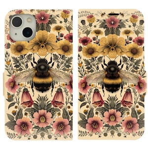 Vintage abeille et floral rétro design botanique portefeuille porte-cartes à rabat coque de téléphone Iphone 13 12 Mini Pro Max Samsung Galaxy S22 S21 Plus Ultra