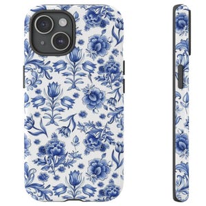 Blaue Porzellan Blumen Vintage Delft Blue Art Handyhülle iPhone 16 15 14 13 12 11 XR Pro Max, Galaxy S24 S23 S21 Plus Ultra, Chinoiserie Geschenk