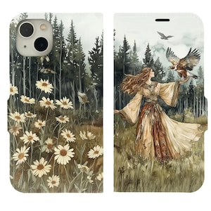 Capa para celular com design de aquarela de fantasia, deusa da natureza e falcão, porta-cartões e carteira para iPhone 13, 12 Mini Pro Max, Galaxy S22, S21 Plus Ultra