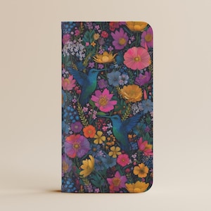 Colorful Hummingbird Wallet Phone Case, Floral Birds Gardening iPhone Plus Pro Cover, Botanical Art Galaxy Folio Case, Gift for Mom Grandma