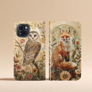 Vintage Woodland Fox and Owl Wallet Case Flip Card holder Phone Case Iphone 15 14 13 12 Pro Max Samsung Galaxy S24 S23 S22 S21 Plus Ultra