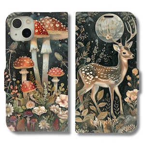 Funda para teléfono con tarjetero y billetera con diseño de ciervos y hongos del bosque encantados para iPhone 16, 15 y 14 Pro Max, Samsung Galaxy S24, S23 y S22 Plus Ultra
