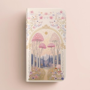 Capa de telefone carteira Whimsical Mushroom Forest, porta-cartões Fairycore Fantasy Pastel, Galaxy iPhone Pro Max, arte de cogumelo Cottagecore encantada