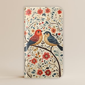 Capa de telefone com porta-cartão de carteira de pássaro de arte popular para iPhone 16 15 Pro Max, Galaxy S25 S24 Plus Ultra, Pixel, estética folclórica caprichosa