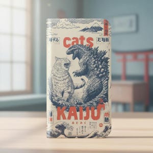 Może przedstawiać: Etui na telefon z ilustracją w stylu vintage przedstawiającą kota i potwora stojących naprzeciwko siebie. Słowo "cats" znajduje się nad kotem, a "KAIJU" pod nim. Projekt zawiera japoński tekst i obrazy.