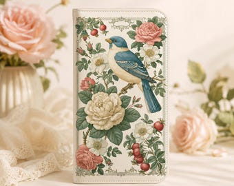 Funda para teléfono Vintage Bluebird Floral, funda tipo cartera con estética victoriana color crema y diseño botánico de rosas.