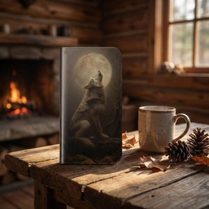 May include: A black phone case featuring a detailed illustration of a wolf howling at a full moon. The artwork is set against a dark, atmospheric background. The case is displayed on a rustic wooden table, alongside a mug and pinecones.