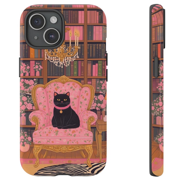 Elegant Black Cat Library, Chic Bookish Design, Pink Aesthetic Phone case for iPhone 16 15 14 13 12 Pro Max Plus, Galaxy S24 S23 Ultra Plus