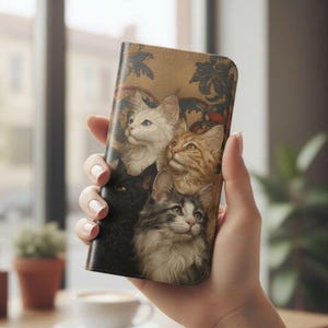 Peut inclure: Une coque de téléphone avec une illustration détaillée de quatre chats aux motifs et couleurs de fourrure variés, sur un fond beige orné de motifs floraux. La coque est tenue dans une main.