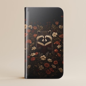 Raccoon Book Lover Wallet Flip Card Holder Phone Case for Iphone 16, 15 Pro, Galaxy S25 S24 Ultra, Gifts Book Lovers, Cottagecore Aesthetic